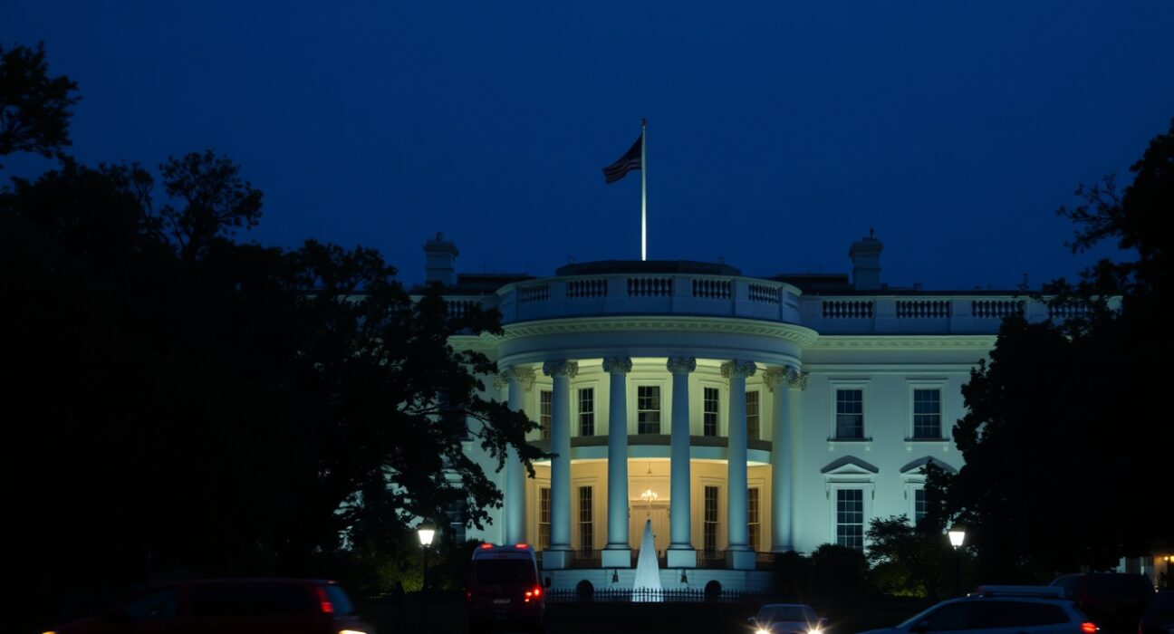 White House exterior on a clear evening with security presence, representing the target of the assassination attempt.