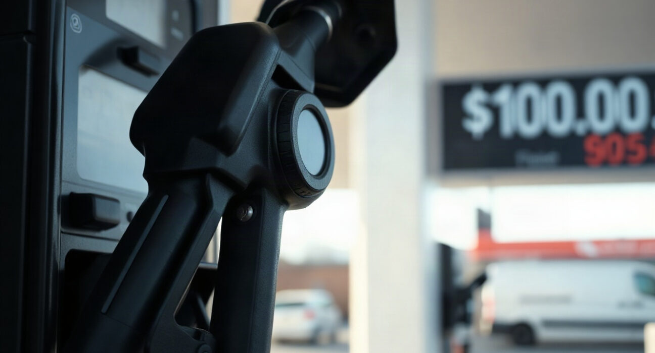 Diesel fuel pump nozzle with price display showing $100, symbolizing record fuel costs and oil shock.