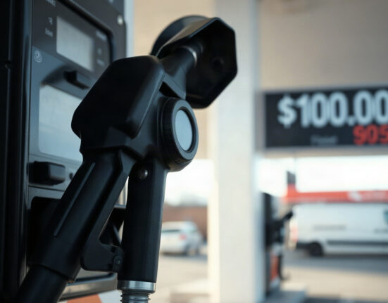 Diesel fuel pump nozzle with price display showing $100, symbolizing record fuel costs and oil shock.