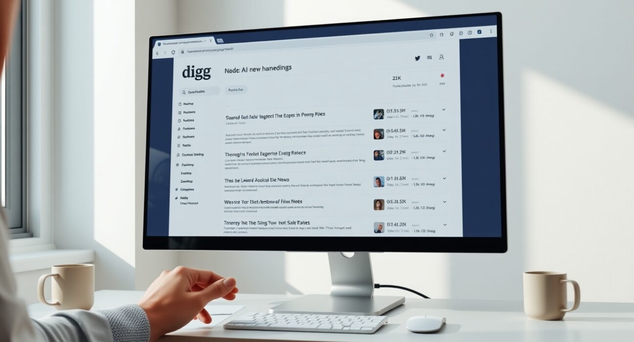 Digg's new AI news aggregator homepage displayed on a monitor in a modern workspace