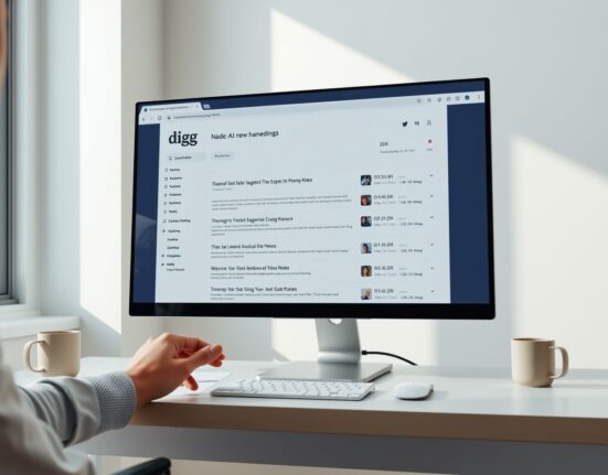 Digg's new AI news aggregator homepage displayed on a monitor in a modern workspace