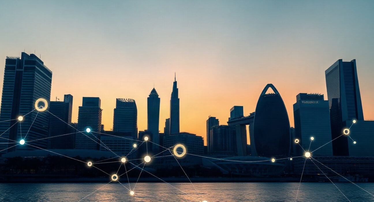 Singapore skyline at dusk with digital blockchain network overlays, representing institutional tokenized asset distribution