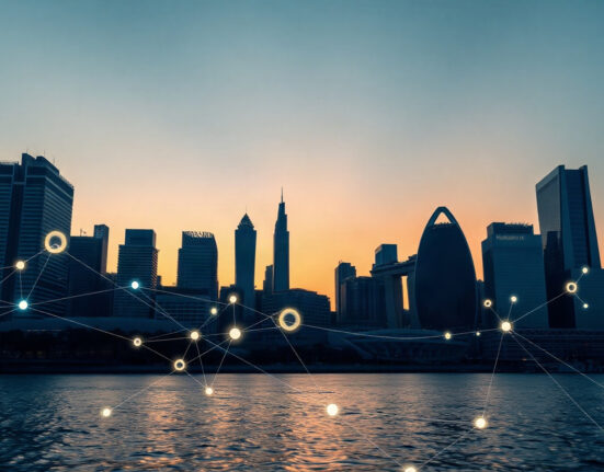 Singapore skyline at dusk with digital blockchain network overlays, representing institutional tokenized asset distribution