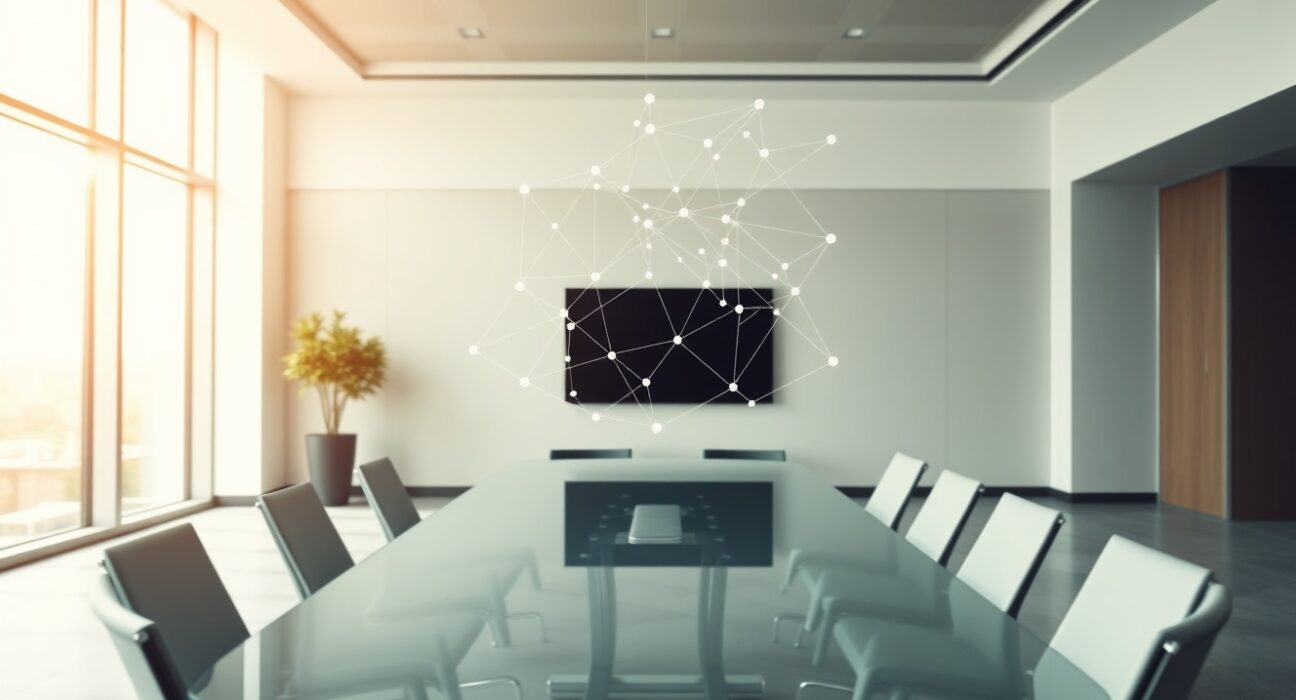 Digital network overlay in a modern corporate meeting room representing institutional blockchain funding