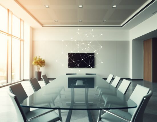 Digital network overlay in a modern corporate meeting room representing institutional blockchain funding