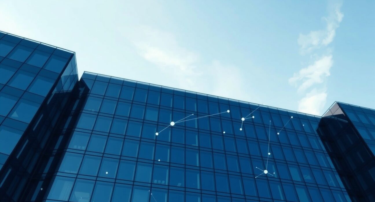 Modern corporate office building representing Digital Asset Holdings headquarters with digital blockchain network overlay.