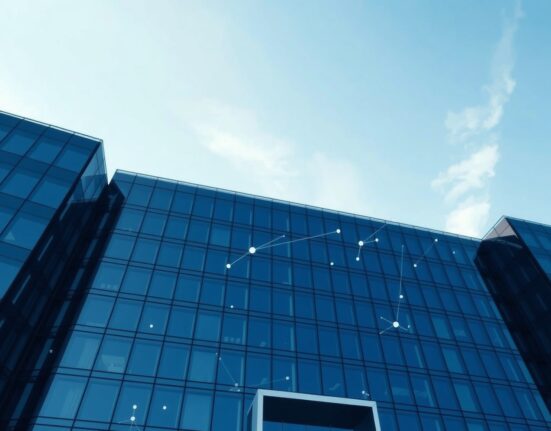 Modern corporate office building representing Digital Asset Holdings headquarters with digital blockchain network overlay.
