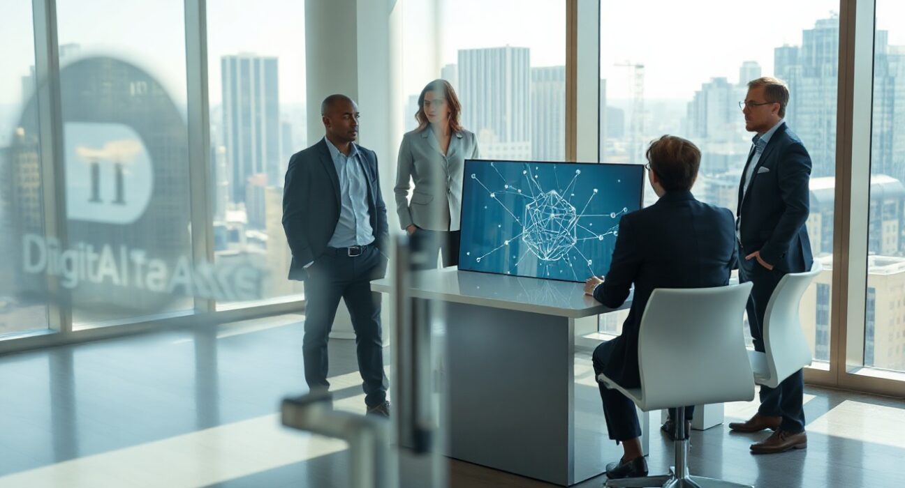 Business professionals discussing blockchain technology in a modern financial office
