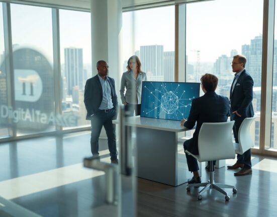 Business professionals discussing blockchain technology in a modern financial office