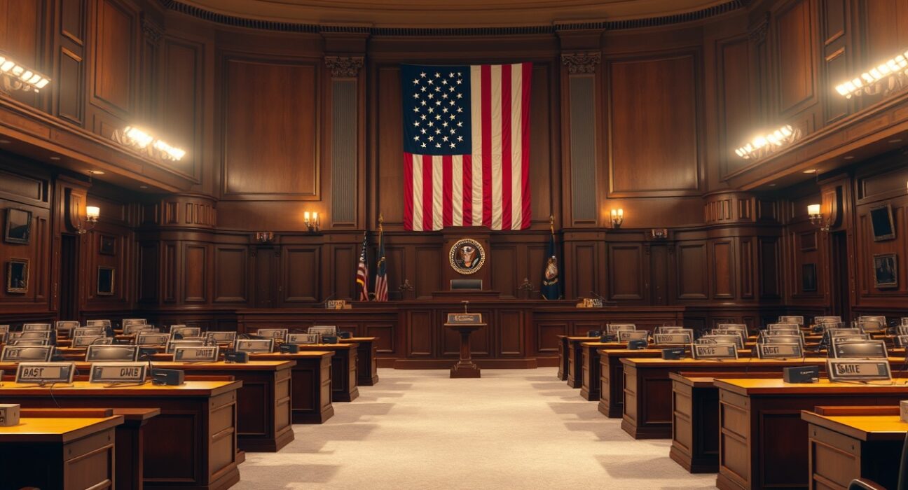 Empty US Senate committee hearing room with American flag and wooden desks