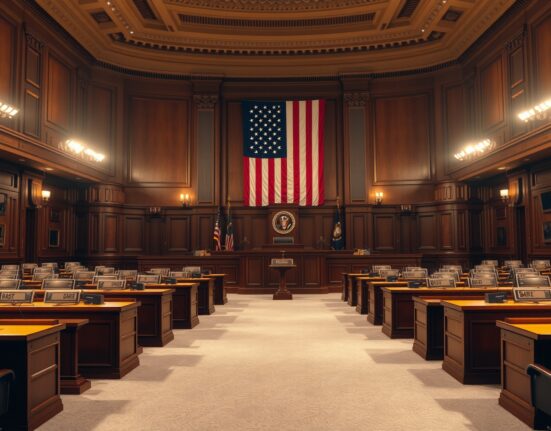 Empty US Senate committee hearing room with American flag and wooden desks