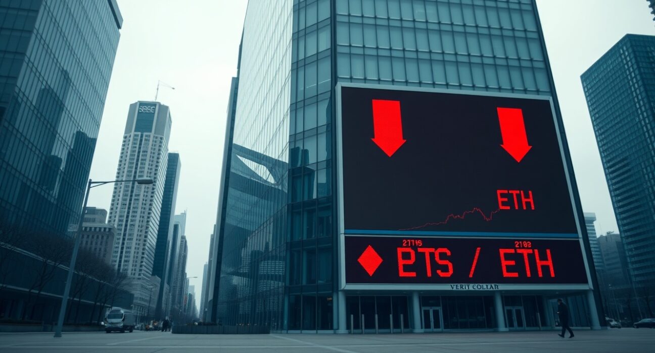 A financial building with a digital display showing red cryptocurrency price declines, indicating market outflows.