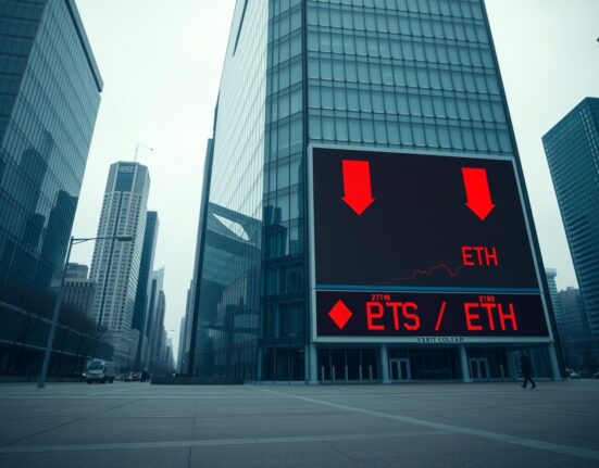 A financial building with a digital display showing red cryptocurrency price declines, indicating market outflows.