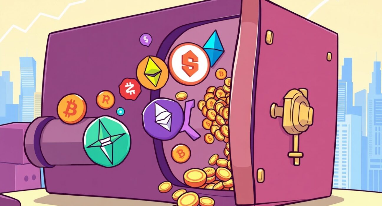 A cartoon illustration showing significant capital flowing into various cryptocurrency icons, representing the massive growth in digital asset funds.
