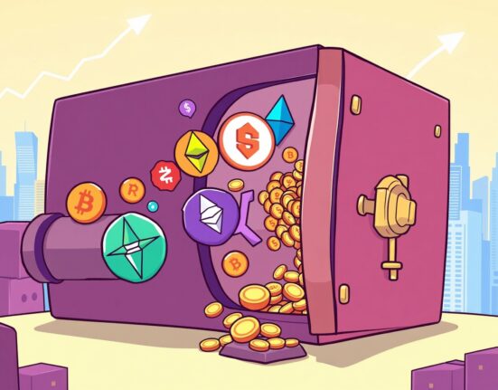 Cartoon illustration showing a large influx of money into various digital asset funds, representing significant investment growth.