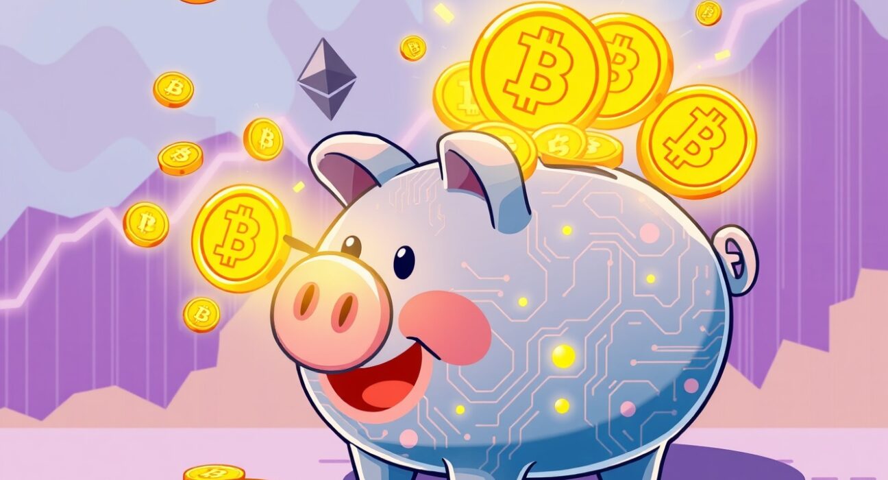 Cartoon illustration showing digital asset funds receiving massive inflows from major cryptocurrencies.