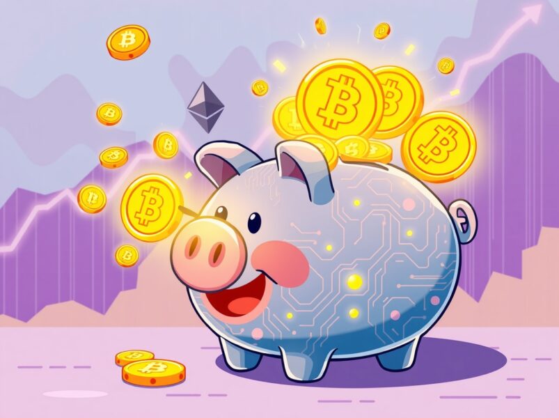 Cartoon illustration showing digital asset funds receiving massive inflows from major cryptocurrencies.