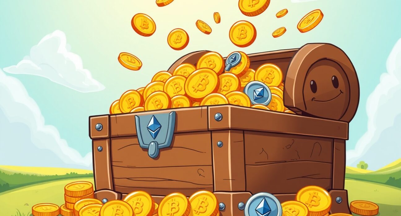 A vibrant cartoon of digital asset funds as a treasure chest overflowing with cryptocurrency coins during a market rebound.