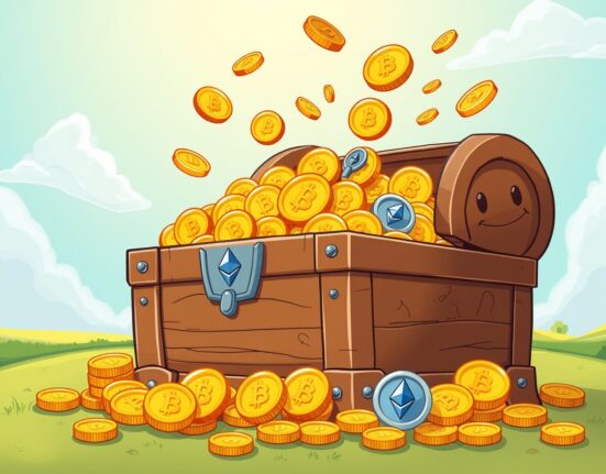 A vibrant cartoon of digital asset funds as a treasure chest overflowing with cryptocurrency coins during a market rebound.