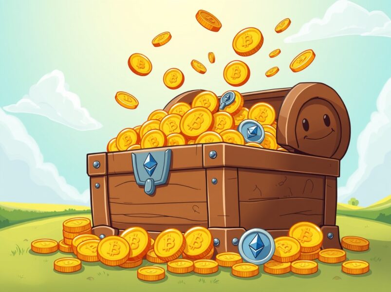 A vibrant cartoon of digital asset funds as a treasure chest overflowing with cryptocurrency coins during a market rebound.