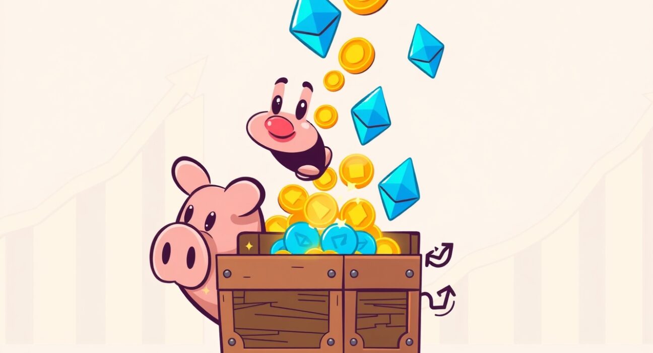 A cartoon piggy bank pours coins into a chest, symbolizing growing investment in digital asset funds.