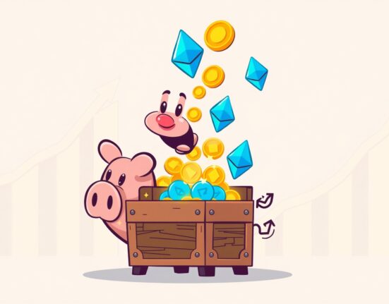 A cartoon piggy bank pours coins into a chest, symbolizing growing investment in digital asset funds.