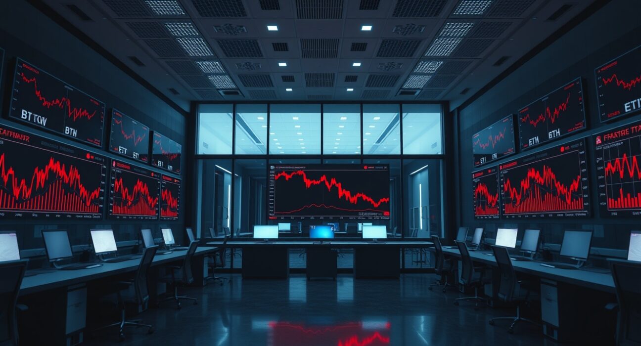 Empty trading floor with red cryptocurrency charts showing market outflows