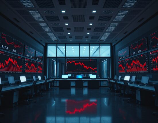 Empty trading floor with red cryptocurrency charts showing market outflows