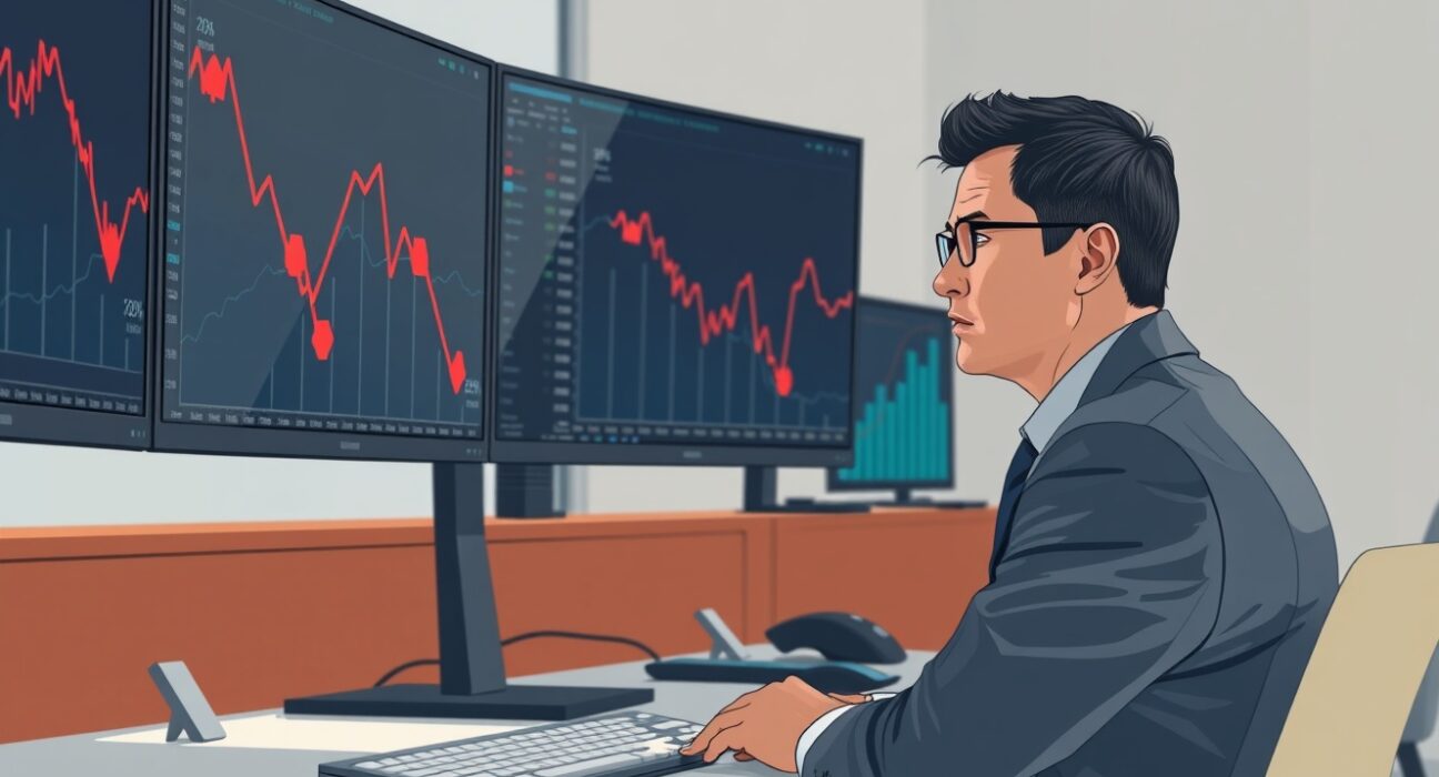 Financial analyst monitors declining cryptocurrency market data on trading desk screens during digital asset fund outflow period.