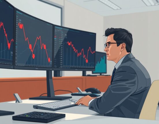 Financial analyst monitors declining cryptocurrency market data on trading desk screens during digital asset fund outflow period.