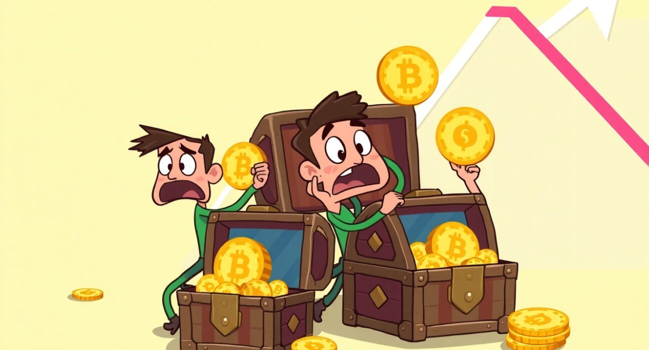 Digital asset funds experiencing massive investor withdrawals in cartoon illustration