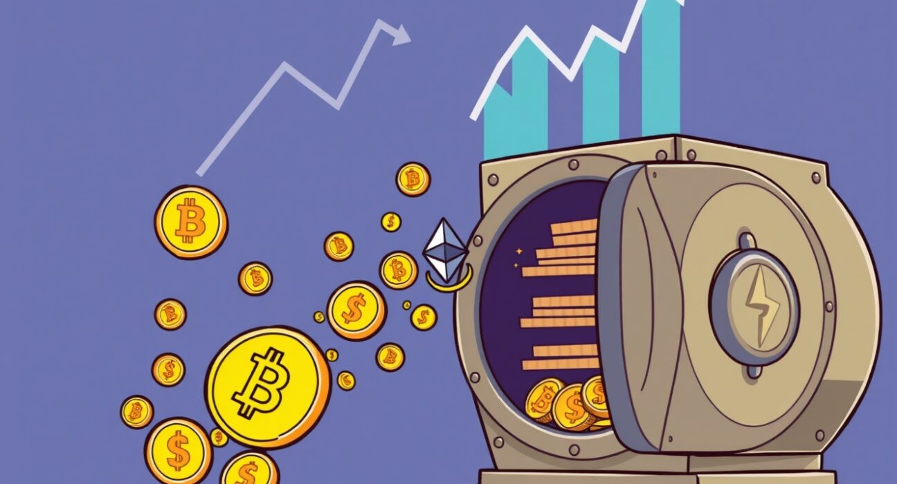 Cartoon showing a massive influx of money into digital asset funds, representing the $3.3 billion net inflows and growing institutional adoption.