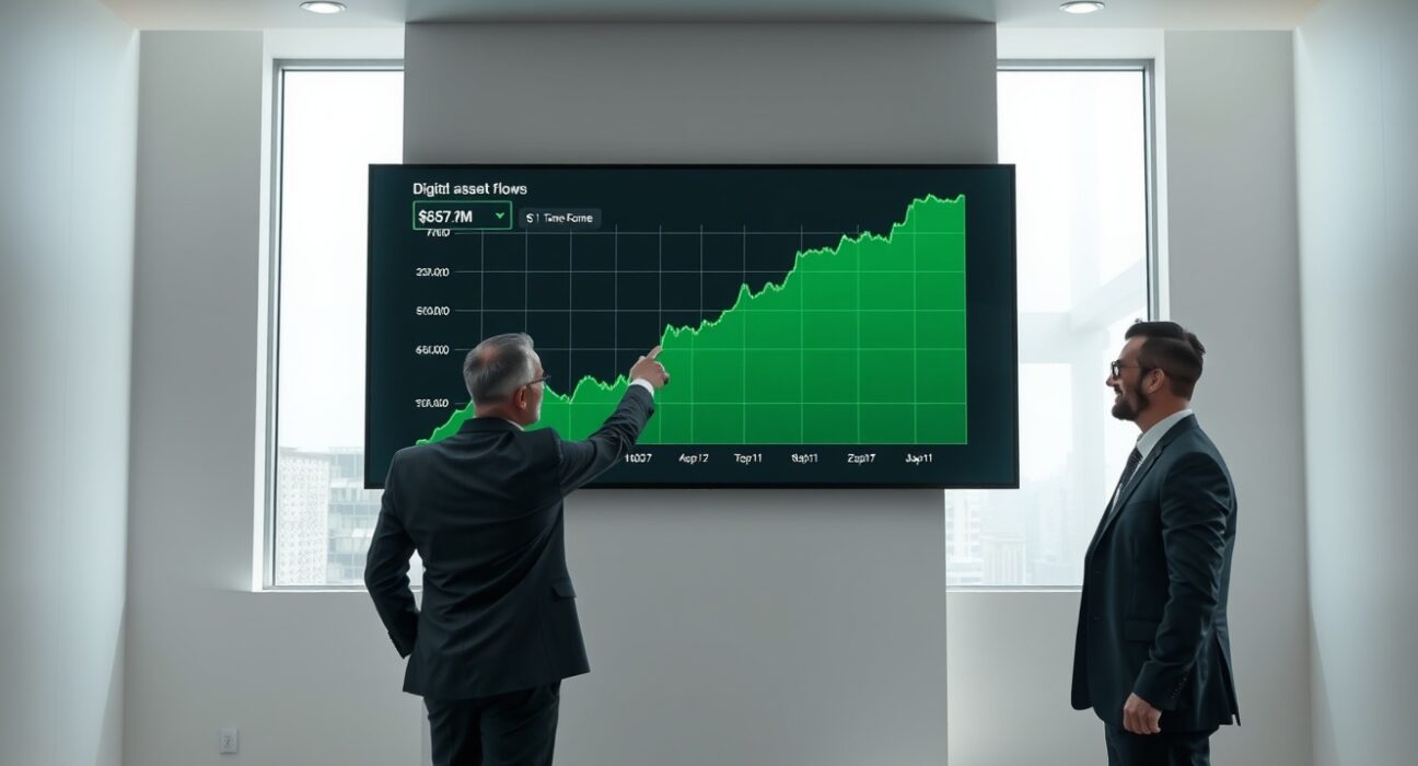 Two financial analysts reviewing a digital chart showing $857.9 million in weekly fund inflows.