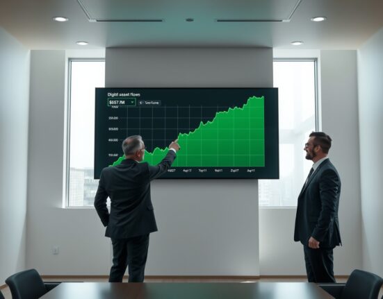Two financial analysts reviewing a digital chart showing $857.9 million in weekly fund inflows.