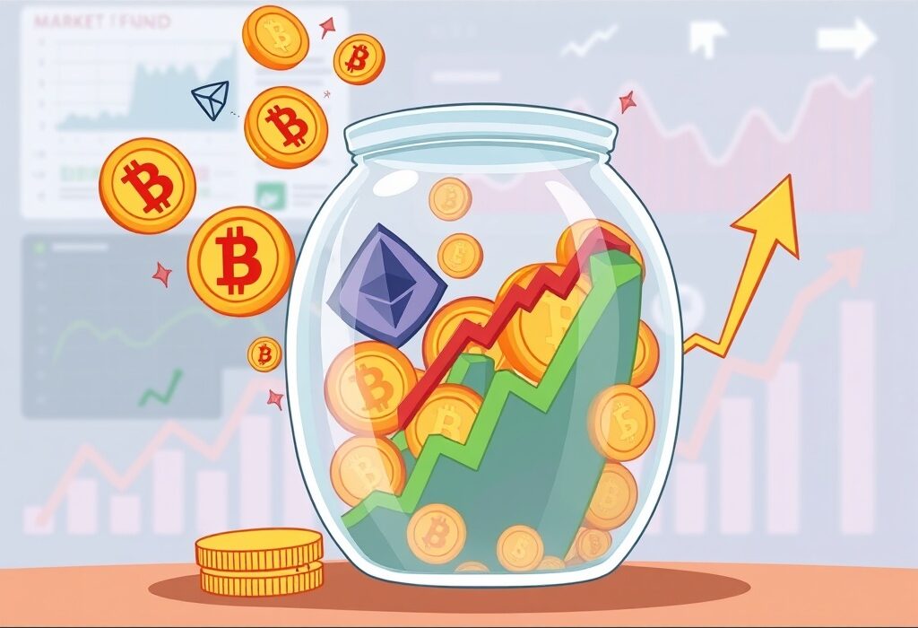 A cartoon illustration showing significant crypto market inflows into digital asset investment products, symbolizing a positive trend.