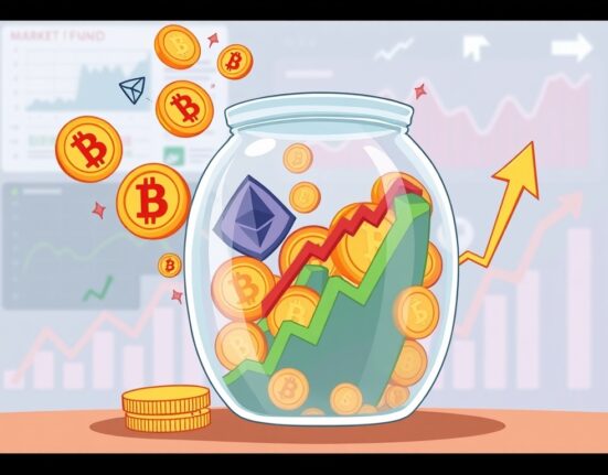 A cartoon illustration showing significant crypto market inflows into digital asset investment products, symbolizing a positive trend.