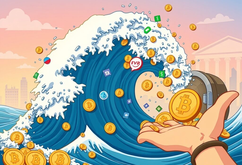 A cartoon illustration showing significant Digital Asset Inflows, with Ethereum leading a surge of funds into digital investments amidst ETF optimism.