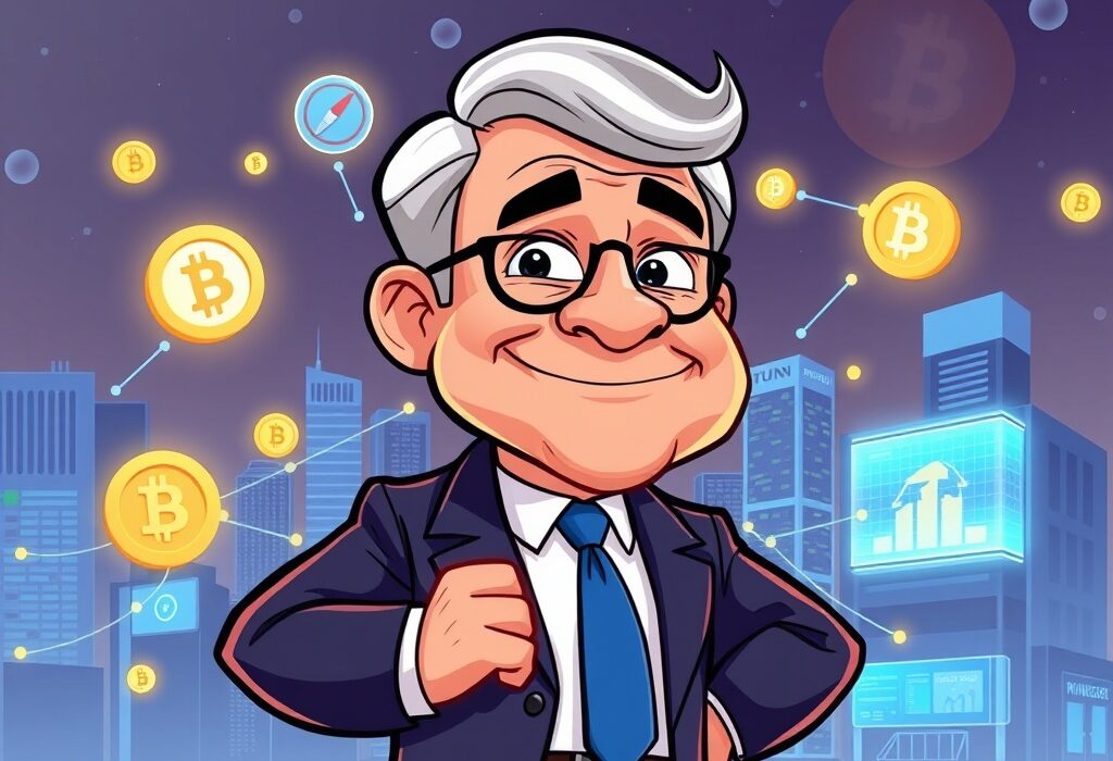 Cartoon illustration depicting a confident Fed official embracing digital asset innovation, symbolizing a positive outlook on emerging financial technology.