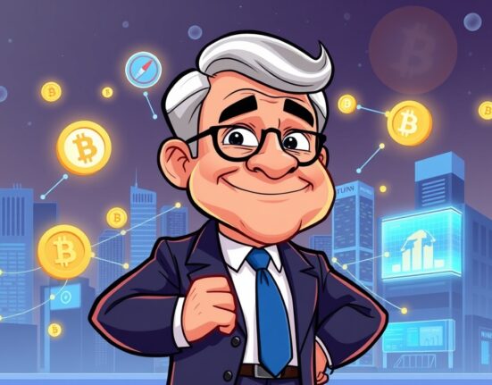 Cartoon illustration depicting a confident Fed official embracing digital asset innovation, symbolizing a positive outlook on emerging financial technology.