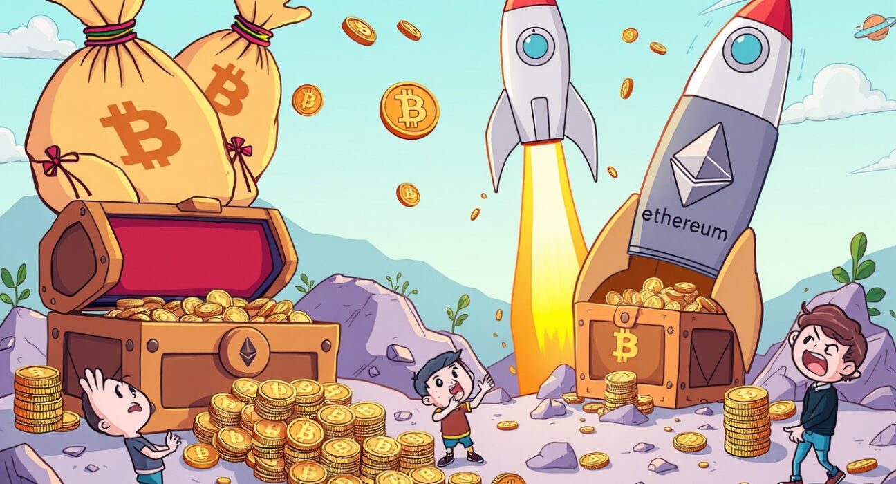 Digital asset investment products showing money movement between major cryptocurrencies in cartoon illustration