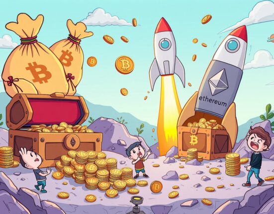 Digital asset investment products showing money movement between major cryptocurrencies in cartoon illustration