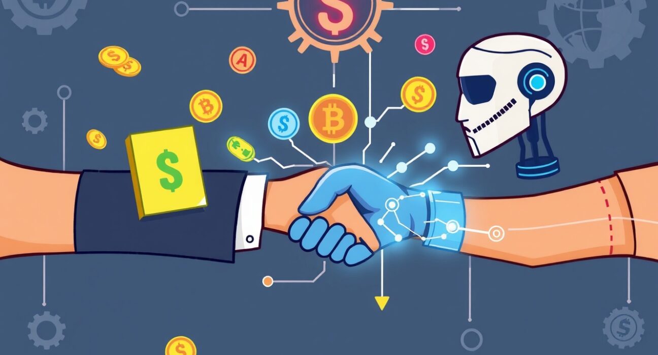 Cartoon illustration depicting AM Management's innovative digital asset management solutions receiving investment from Woori Financial, symbolizing growth and collaboration.