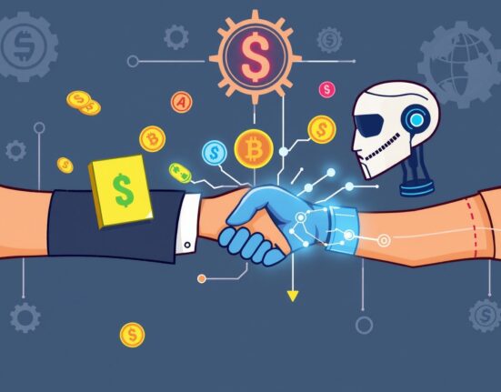 Cartoon illustration depicting AM Management's innovative digital asset management solutions receiving investment from Woori Financial, symbolizing growth and collaboration.