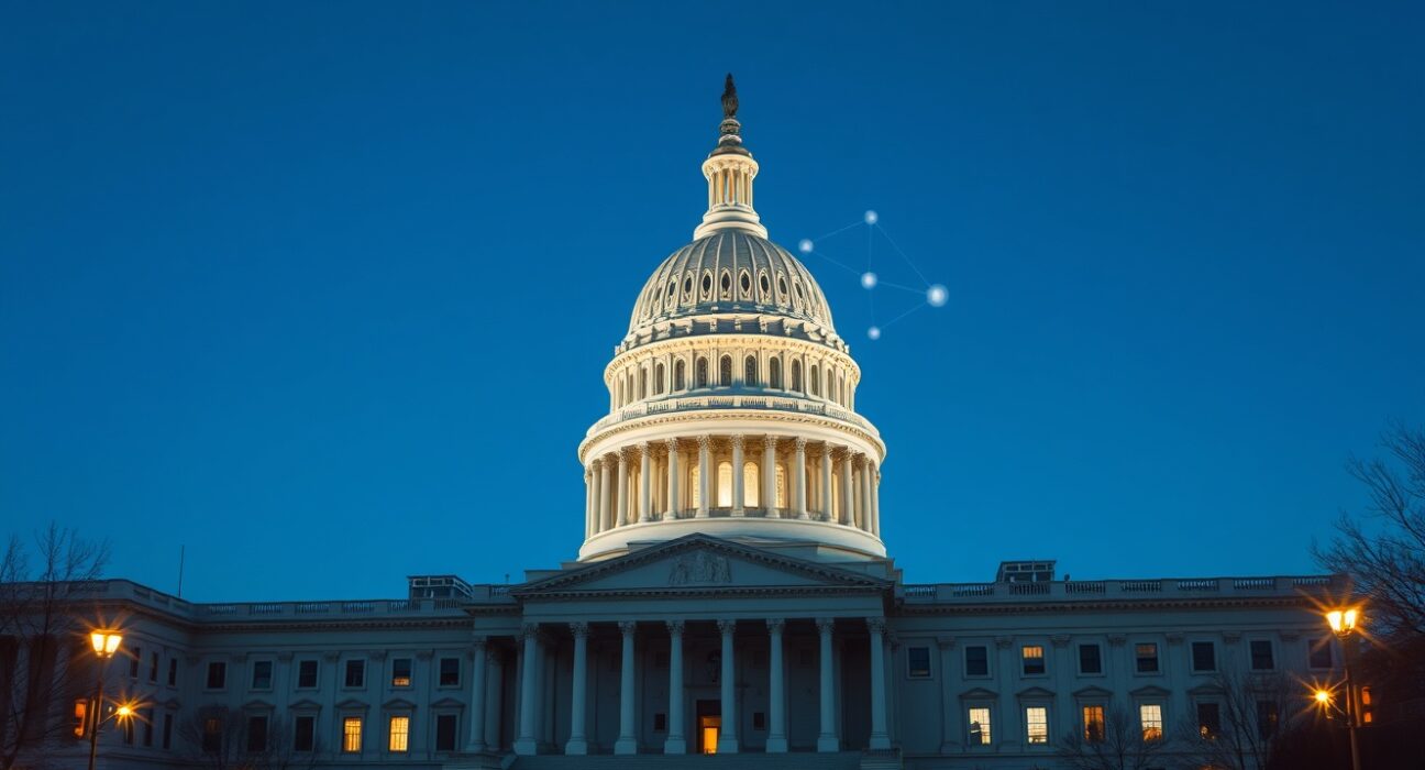 U.S. Capitol with blockchain visualization representing the Digital Asset Market Clarity Act discussion at the DC Blockchain Summit.