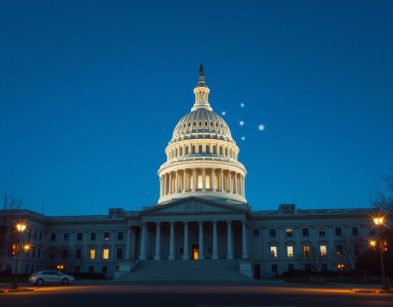 U.S. Capitol with blockchain visualization representing the Digital Asset Market Clarity Act discussion at the DC Blockchain Summit.