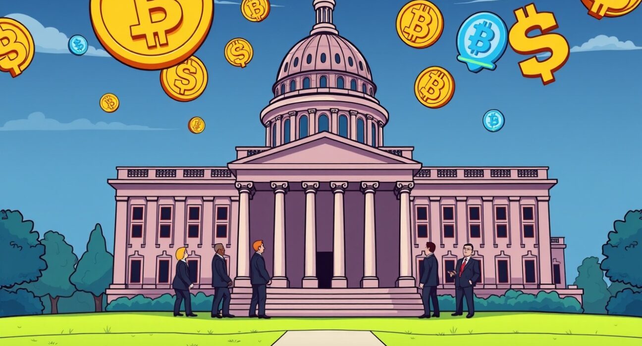 US Senate discussing digital asset market structure bill with cryptocurrency symbols