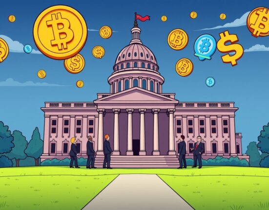 US Senate discussing digital asset market structure bill with cryptocurrency symbols
