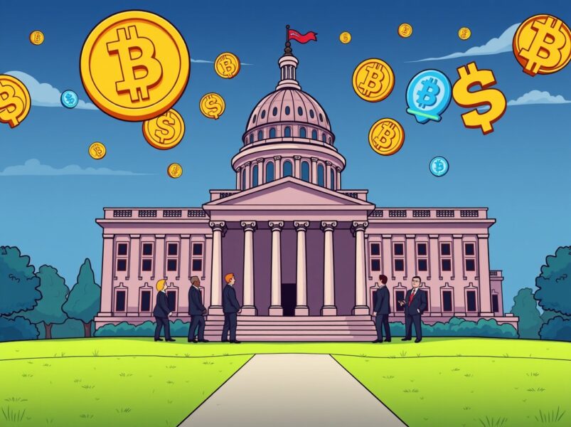 US Senate discussing digital asset market structure bill with cryptocurrency symbols