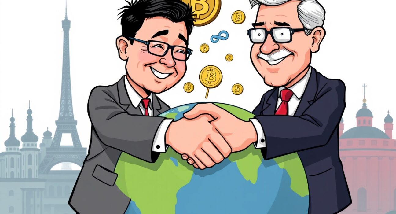 Cartoon illustration of US and South Korean officials collaborating on global digital asset policy, symbolizing international cooperation.