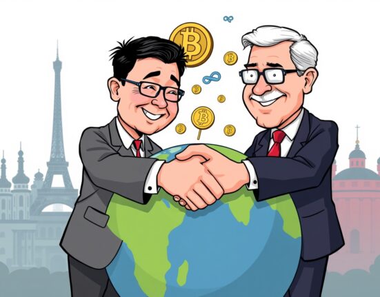 Cartoon illustration of US and South Korean officials collaborating on global digital asset policy, symbolizing international cooperation.